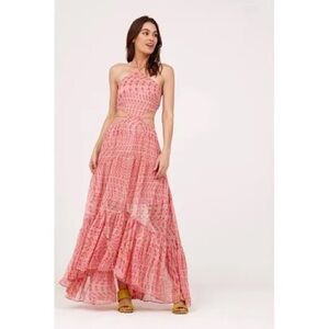 MISA Los Angeles LA Women's Maxi Dress Dailia Halter Cutout Pink Ruffle Chiffon